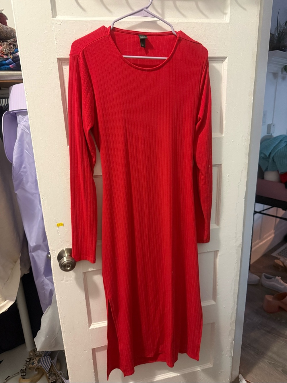 Women's Ribbed Long Sleeve Red Midi Dress